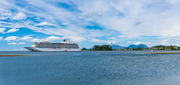 Mt Edgecumbe rises above Sitka with Viking cruise ship anchored by Steve Heap