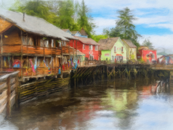 Painting of Creek Street wharf in Ketchikan Alaska by Steve Heap