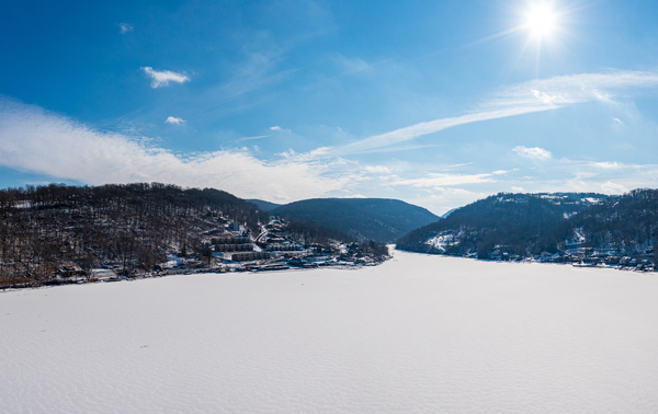 Aerial panorama of the frozen Cheat Lake Morgantown WV looking  by Steve Heap