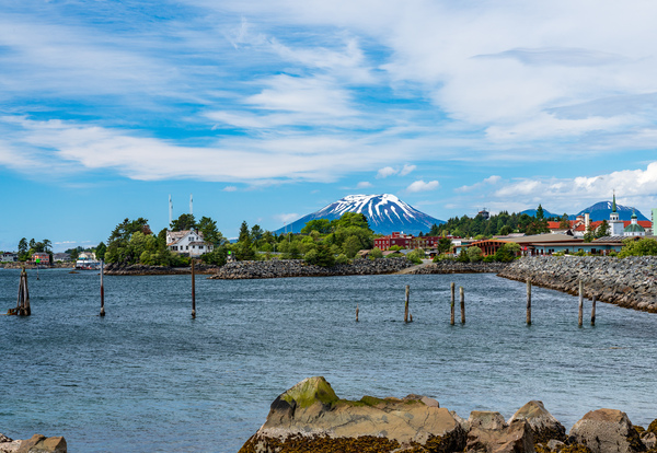 Mt Edgecumbe rises about the small town of Sitka in Alaska by Steve Heap