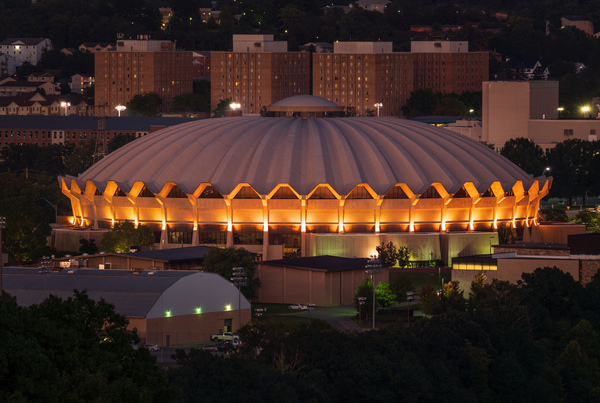 Illuminted Coliseum at WVU at dusk by Steve Heap