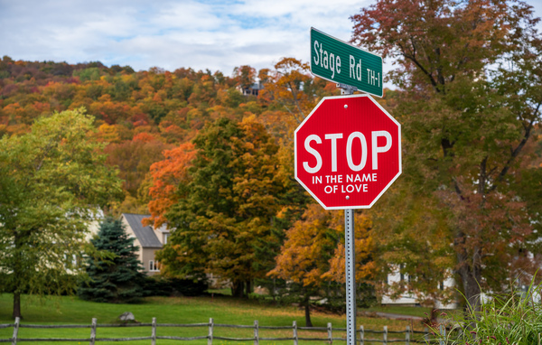 Stop in the name of love road sign in Vermont by Steve Heap