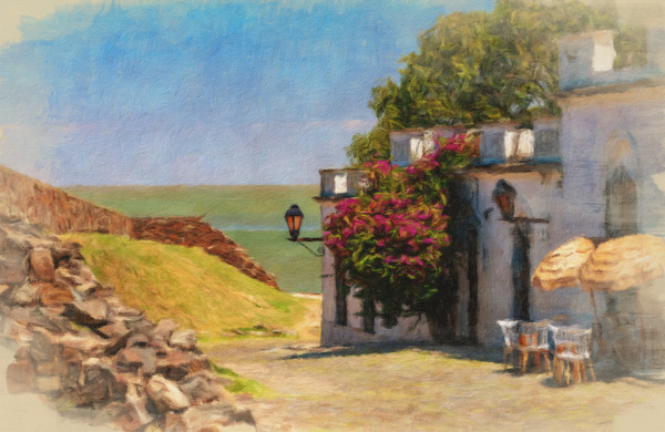 Oil painting of cobbled street in Colonia del Sacramento by Steve Heap