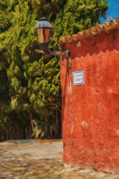 Oil painting of street lantern in Colonia del Sacramento by Steve Heap