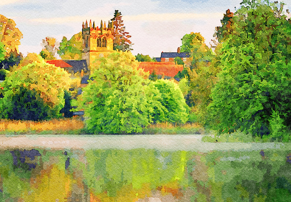 Watercolor across Ellesmere Mere in Shropshire to church by Steve Heap