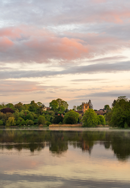 Sunset view across Ellesmere Mere in Shropshire to church by Steve Heap