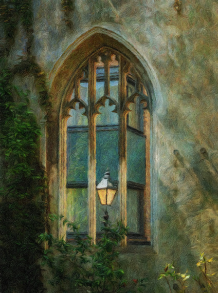 Oil painting of street light seen at St Dunstan church by Steve Heap