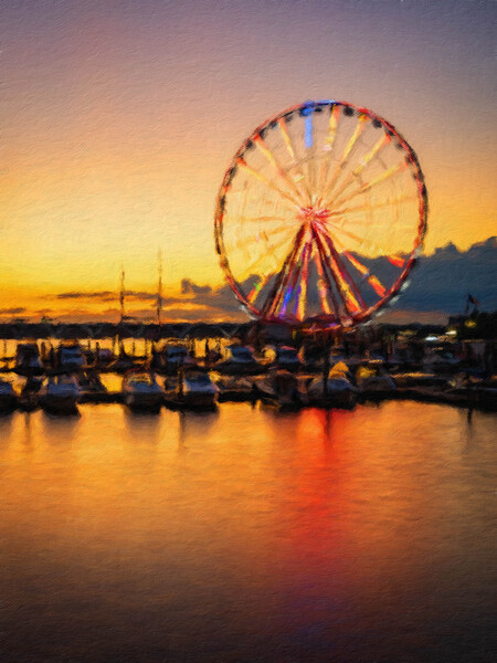 Impressionistic view of Ferris wheel at National Harbor at sunse by Steve Heap