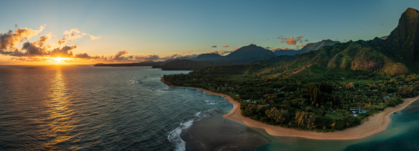 Aerial panorama of sunrise over Tunnels Beach Kauai Hawaii by Steve Heap