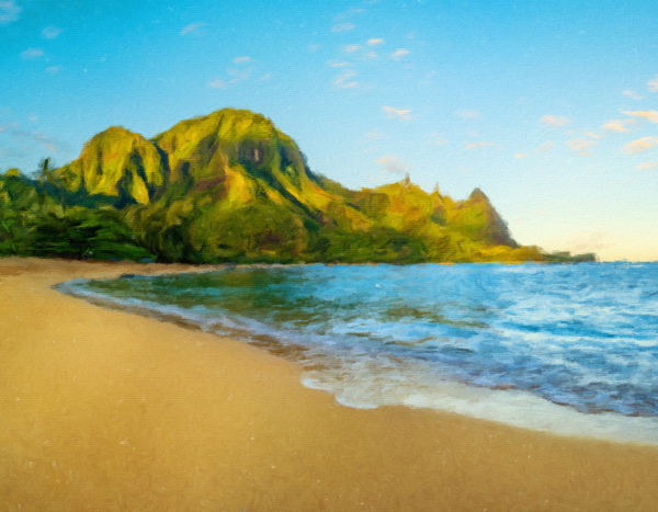 Oil painting sunrise over Tunnels Beach on Kauai in Hawaii by Steve Heap