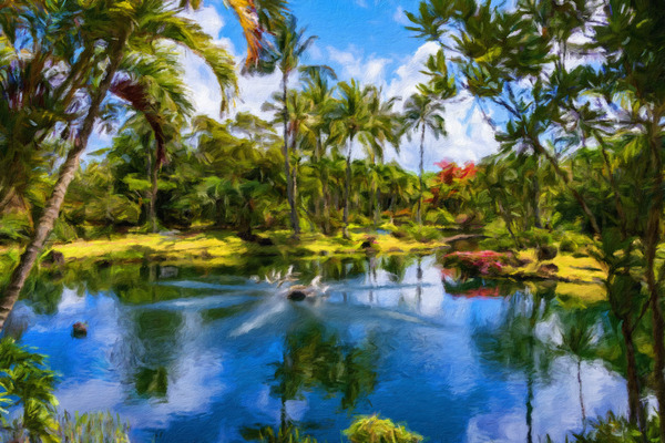 Oil painting of lagoon in the Na Aina Kai sculpture garden by Steve Heap