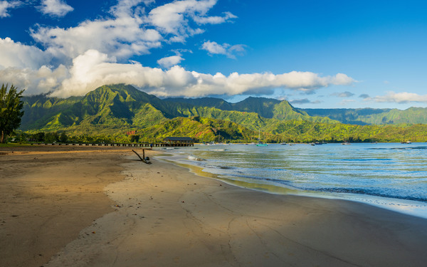 Panorama of the sandy beach at Hanalei with pier and bay by Steve Heap