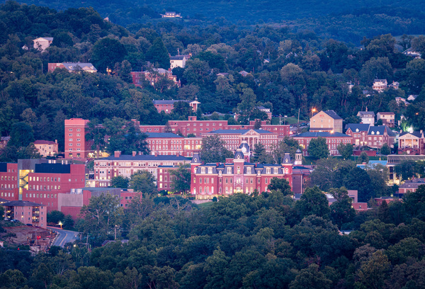 Downtown campus of West Virginia university at dusk by Steve Heap