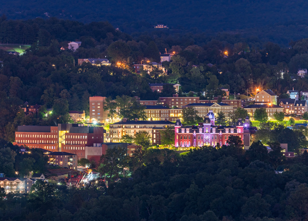 Downtown campus of West Virginia university at nightfall by Steve Heap