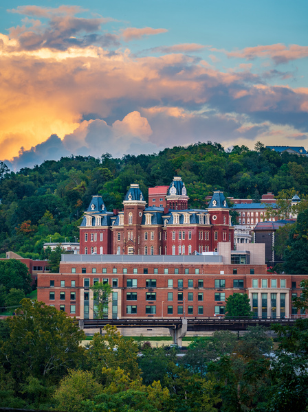 Brooks Hall and Woodburn Hall at sunset in Morgantown WV by Steve Heap