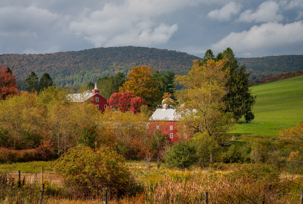 Historic red barn and farm nestled in fall colors in West Virgin by Steve Heap