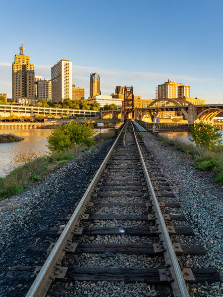 Railroad bridge over Mississippi river at sunrise in St Paul by Steve Heap