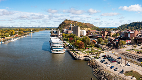 Aerial view of Red Wing Minnesota with river cruise boat by Steve Heap