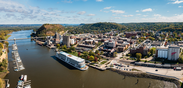 Aerial view of Red Wing Minnesota with river cruise boat by Steve Heap