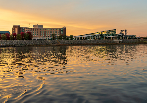 Conference Center in Dubuque IA on calm evening by Steve Heap