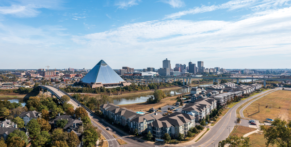 City skyline of Memphis in Tennessee with low water by Steve Heap