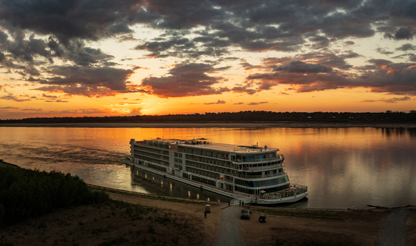 Sunset over Viking Mississippi river  cruise boat near Vicksburg by Steve Heap