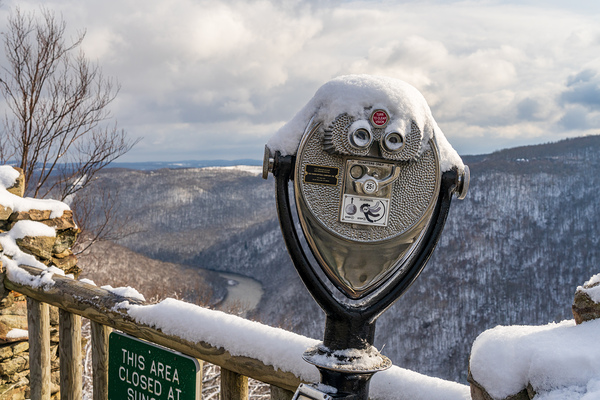 Binoculars on Coopers Rock overlook on snowy day by Steve Heap