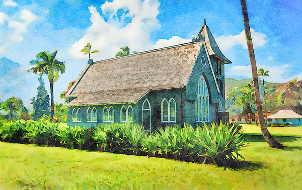 Watercolor painting of Mission or Green Church in Hanalei Kauai Print
