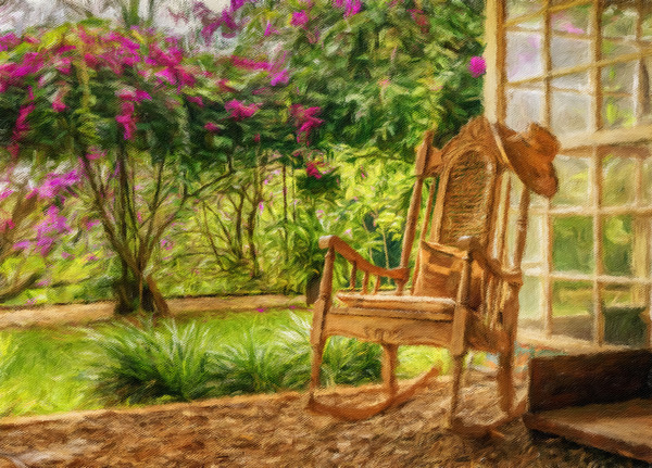 Oil painting of vintage wooden rocking chair with a straw hat re Print