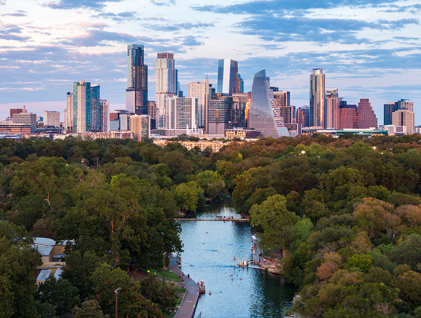 Aerial view of the Austin skyline at sunset over Barton Springs. Print