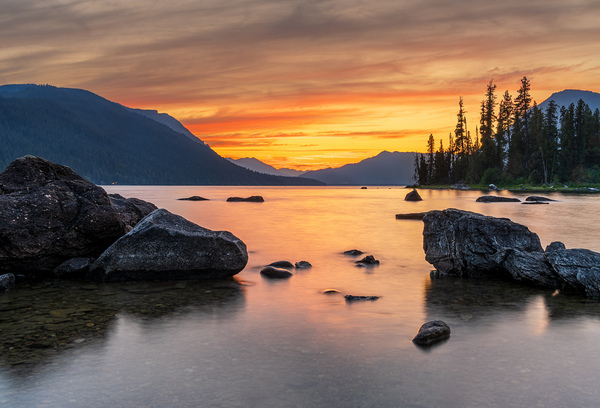 Vibrant sunset over Lake Wenatchee in the Cascade Mountains WA Print