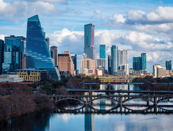 Close Up of Austin Skyline with the Sail Building and River Brid by Steve Heap