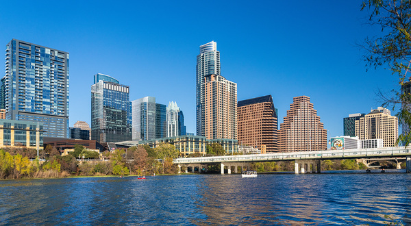 Cityscape of apartments and offices  in downtown Austin Texas Print