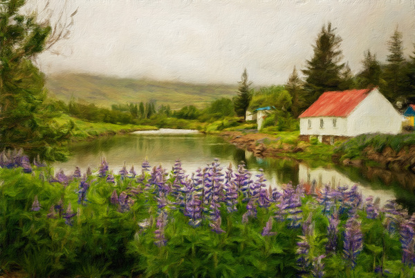 Peaceful scene in Seydisfjordur of river flowing from misty moun Print