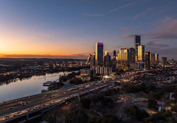 Evening over Austin downtown 2026 in aerial skyline by Steve Heap