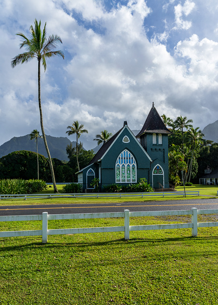 Waioli Huiia Church stands in Hanalei Kauai with the majestic  Print