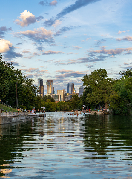 View of the Austin skyline at sunset over Barton Springs swimmin Print