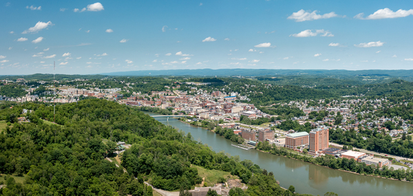 Aerial drone image of the downtown and university in Morgantown by Steve Heap