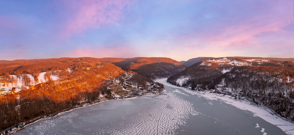 Aerial panorama of the frozen Cheat Lake in Morgantown by Steve Heap
