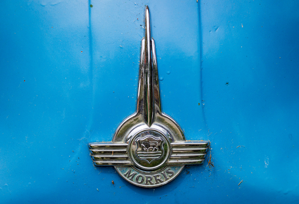 Old chrome Morris badge on blue car by Steve Heap