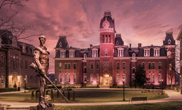 Famous Mountaineer statue in front of Woodburn Hall at WVU by Steve Heap
