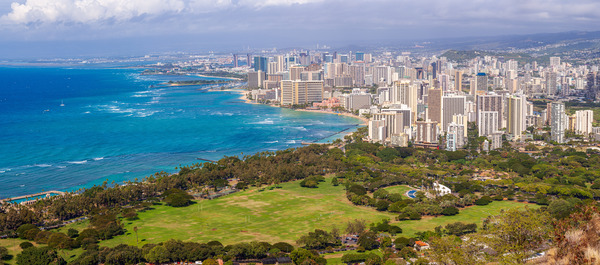 Panorama of sea front at Waikiki by Steve Heap