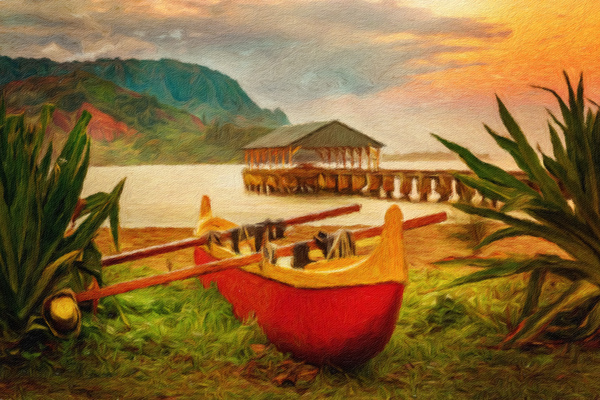 Painting of Hawaiian canoe by Hanalei Pier by Steve Heap