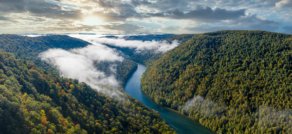 Panorama of gorge of the Cheat River upstream in the fall by Steve Heap