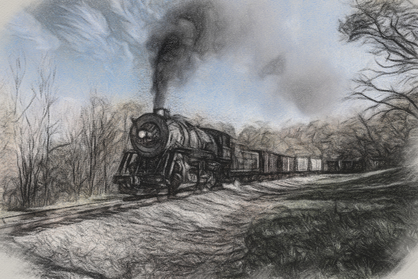 WMRR Steam train in charcoal sketch by Steve Heap