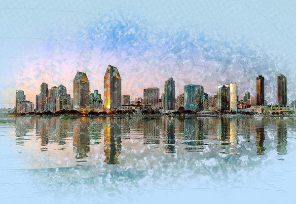 Sketch of San Diego Skyline at sunset  by Steve Heap