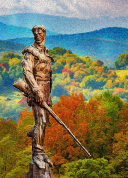 WVU Mountaineer statue painting in the fall in West Virginia by Steve Heap