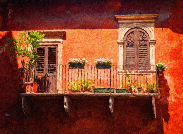 Digital oil painting of an old balcony in Verona by Steve Heap