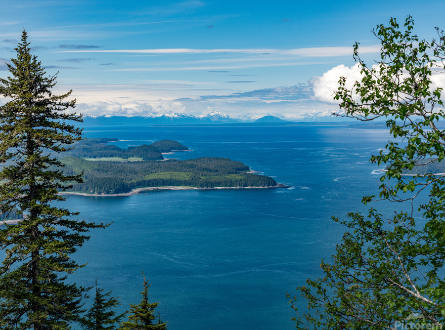 Panorama of the mountain range at Icy Strait Point in Alaska  Print