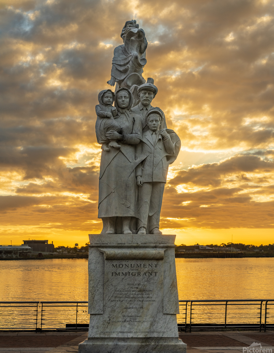 Monument to the Immigrant sculpture in New Orleans at sunrise  Print